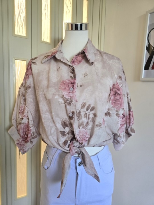 Camicia Beige Fiori Rosa