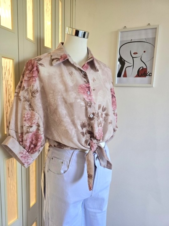 Camicia Beige Fiori Rosa