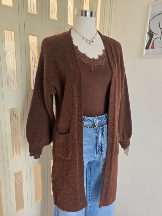 Cardigan Lungo Aperto Marrone