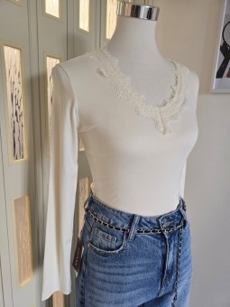 Maglia Crema Scollo Merletto