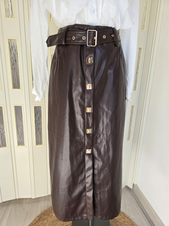 Gonna Longuette Similpelle Marrone