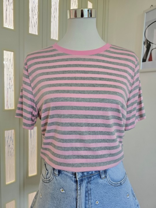 T-Shirt Righe Rosa/Grigio