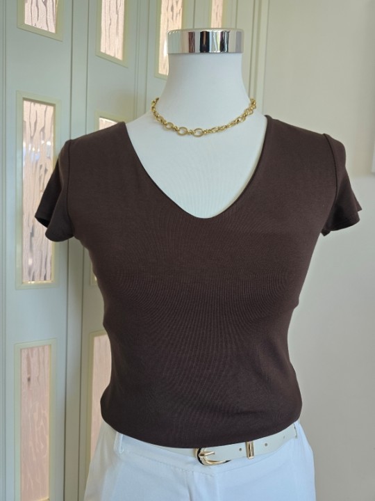 T-shirt Basic Scollo a V Marrone